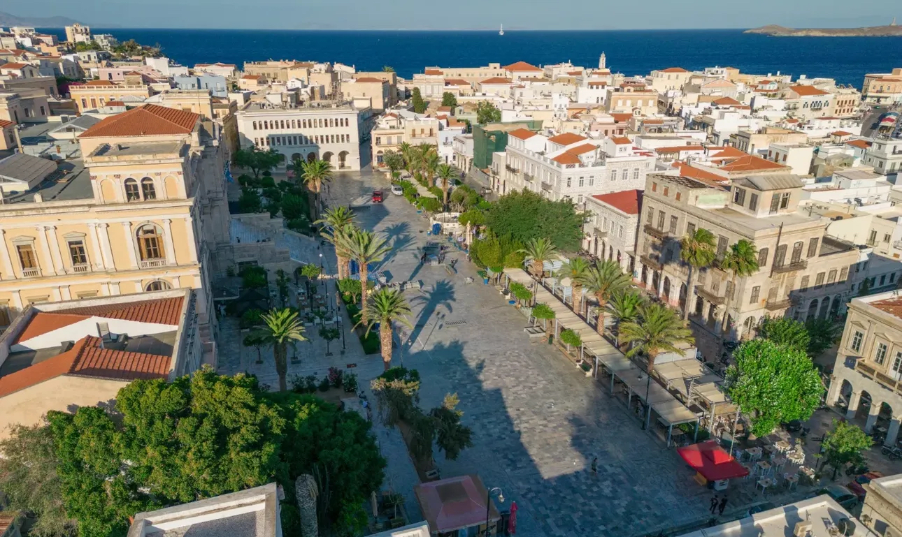 Miaouli Square in Ermoupoli, Syros — the neoclassical town hall and marble facades